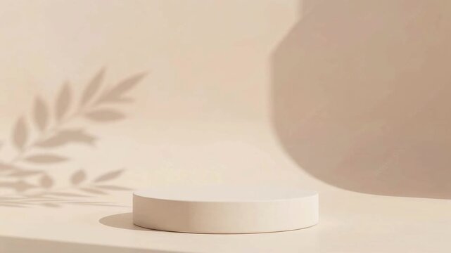 Minimalist podium display background for product presentation, neutral beige cylinder stand with leaf shadow overlay, elegant cosmetics podium backdrop