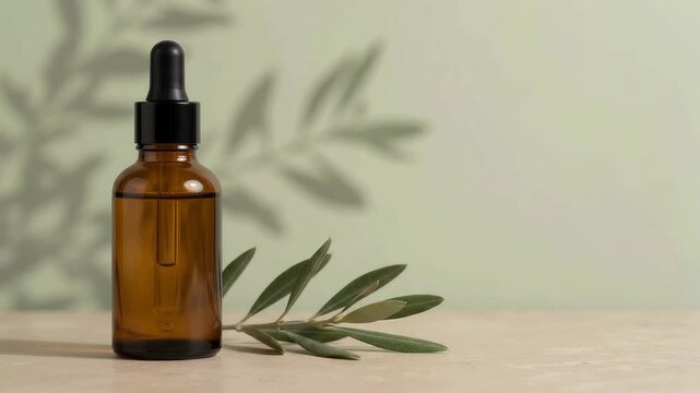 Amber glass dropper bottle with essential oil on wooden surface, organic cosmetics serum with olive branch, botanical leaf shadows