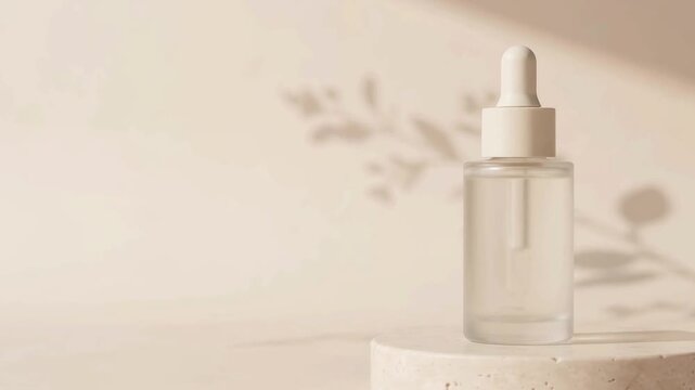 Minimalist skincare dropper bottle on stone podium, neutral beige cosmetic product mockup, elegant beauty serum packaging mockup