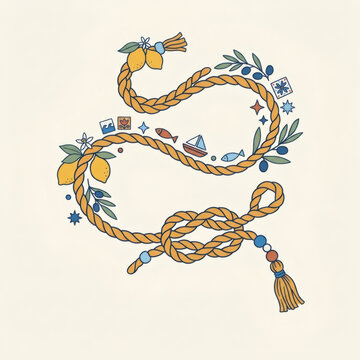 Amalfi Coast style braided cord with lemons, leaves, and sea symbols on a cream background