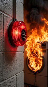 Red fire alarm strobe flashes on white brick wall. Large flames burn inside laundry room. Smoke rises from washing machine during house fire emergency. Dangerous blaze destroys household appliances