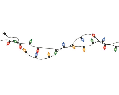 A string of multicolored christmas lights with red, green, blue, and yellow bulbs arranged in a wavy pattern on a dark background, isolated on a, transparent background