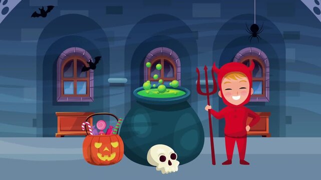 Cute Halloween Animation with Devil Character, Bubbling Cauldron, Pumpkin Bucket and Skull