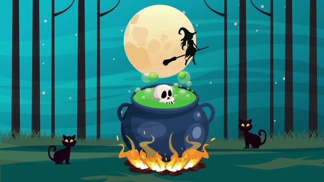Halloween Cauldron with Potion Black Cats and Flying Witch Under Full Moon in Forest