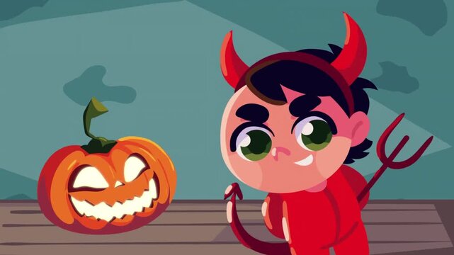Cute Halloween Devil Boy in Red Costume with Smiling Jack O Lantern Pumpkin Cartoon Illustration