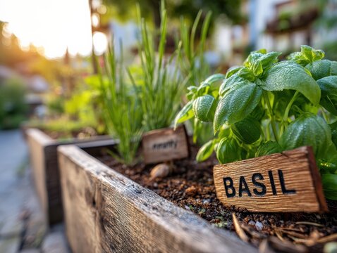 Vibrant herb garden with labeled signs for basil, thyme, rosemary, and mint in sunlit raised bed