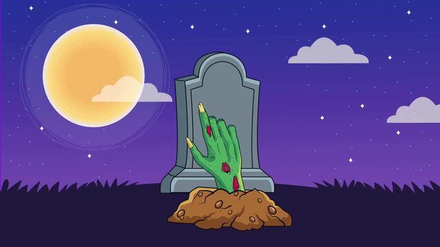 Zombie Hand Rising from Ground Near Tombstone Under Full Moon Halloween Night