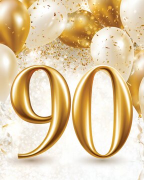 90th birthday celebration card with gold and ivory balloons and confetti