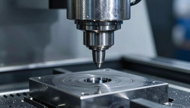 Close-up of a precision cnc milling machine bit working on metal component