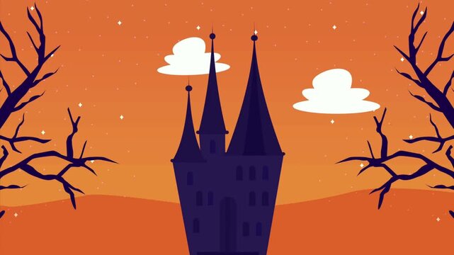 Spooky Haunted Castle on Orange Background Halloween Vector Concept