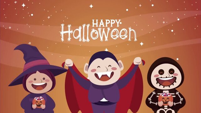 Happy Halloween Cute Children in Witch Vampire and Skeleton Costumes on Orange Background