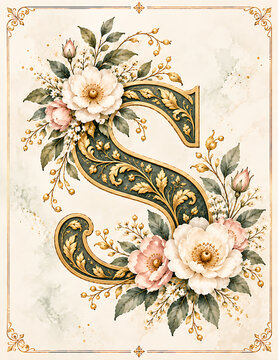 Botanical monogram letter S with blush roses and gold ornate serif on cream marble