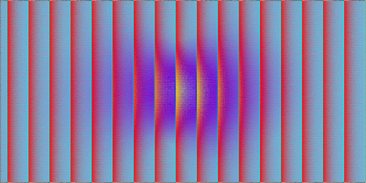 Optical Illusion in Violet and Blue A captivating optical illusion, featuring a vibrant purple and yellow gradient at the center, is framed by vertical blue stripes edged with red.