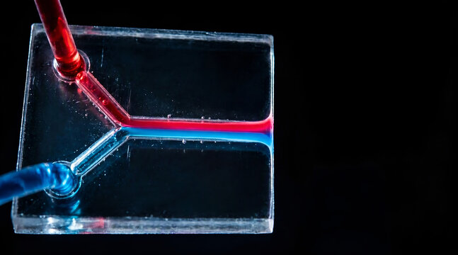 Macro view of a Y-junction microfluidic chip with laminar flow for drug discovery research

