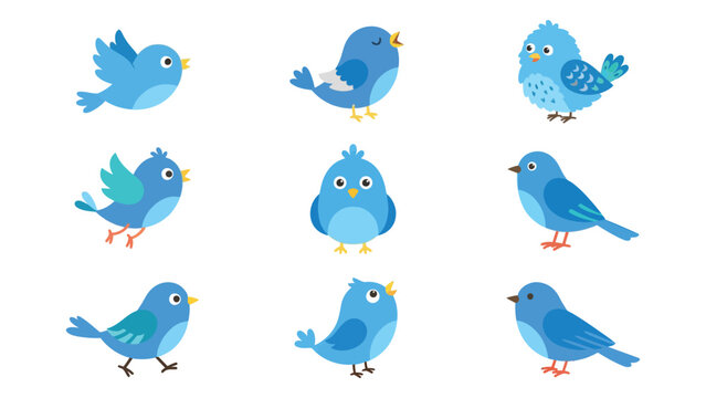 Blue birds collection in various poses with nine small figures