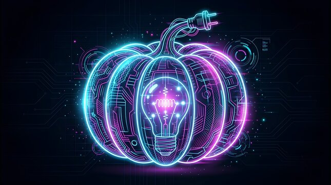 Cyberpunk pumpkin with light bulb and circuits illuminated by neon blue and pink lights.