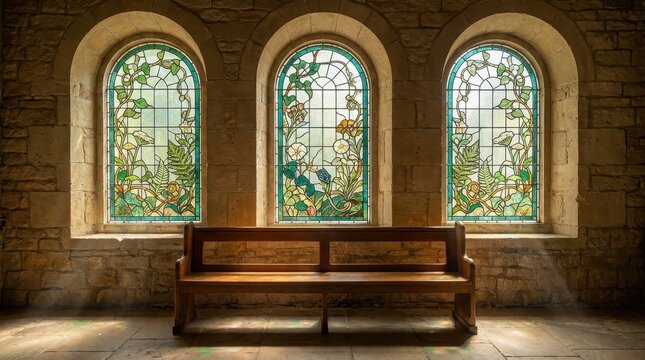 Ornate stained glass windows featuring intricate botanical designs illuminate dark ancient stone walls behind a wooden bench