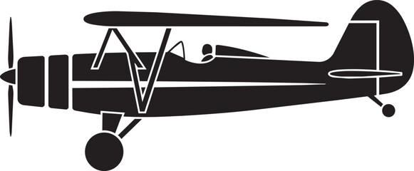 Vintage biplane silhouette icon, classic propeller aircraft side view, flat black vector graphic isolated on white background for aviation design © Abdul