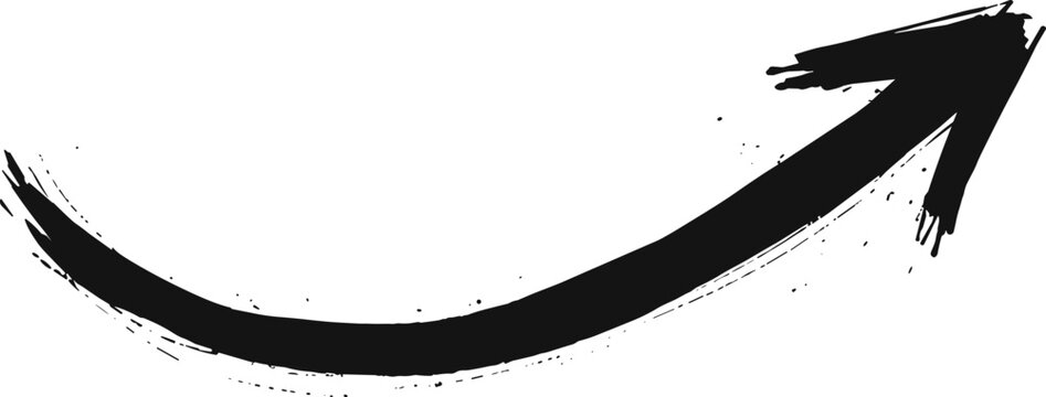 Handdrawn ink grunge arrow element with a rough textured brush stroke pointing towards the upper right corner