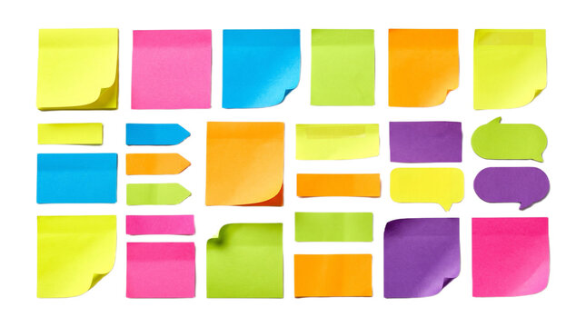 Assorted colorful adhesive paper notes arranged with colors organized on transparent background