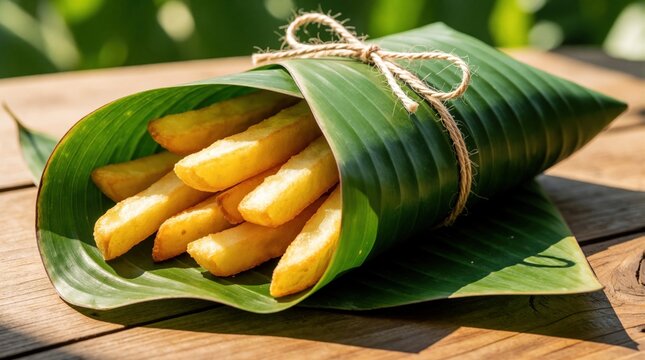 Crispy golden potato fries wrapped in fresh green banana leaf with jute twine. Tasty snack served in natural organic packaging on wooden table outdoors. Healthy vegan fast food meal for summer picnic