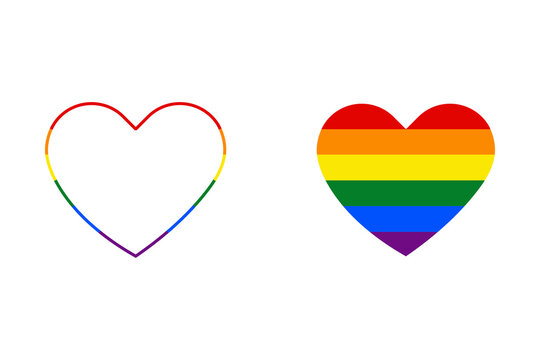 Two rainbow heart shapes including one outline and one solid filled icon