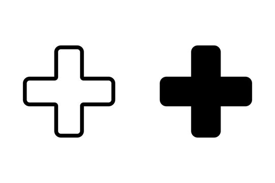 Simple black plus sign icons in outline and solid style for medical or mathematics interface design