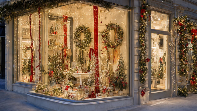 Festive Holiday Shop Window Display with Wreaths and Red Ribbons
