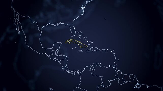 Outline of Cuba highlighted in yellow on a futuristic digital globe with the other countries outlines in blue. Globe turning and camera zooming in on Cuba. Gradient blue background.