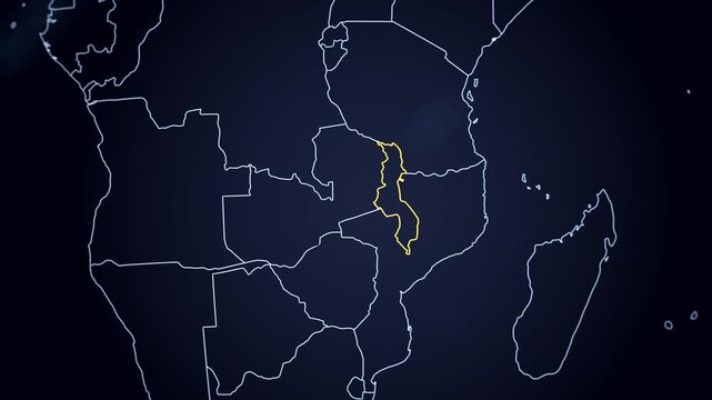 Outline of Malawi highlighted in yellow on a futuristic digital globe with the other countries outlines in blue. Globe turning and camera zooming in on Malawi. Gradient blue background.