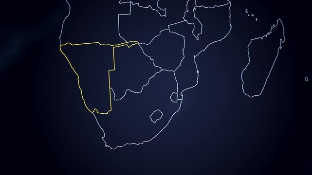 Outline of Namibia highlighted in yellow on a futuristic digital globe with the other countries outlines in blue. Globe turning and camera zooming in on Namibia. Gradient blue background.