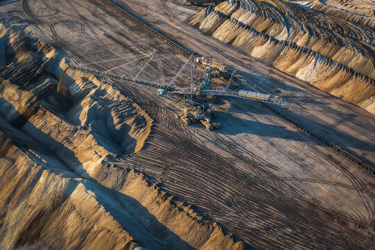 Aerial view of a massive bucket-wheel excavator operating in an open-pit coal mine with piles of excavated earth and heavy machinery tracks in Leipzig, Saxony, Germany.