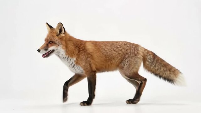 Red Fox Trotting in Side Profile with a Swaying Bushy Tail on White Background