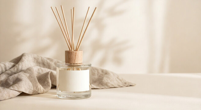 Minimalist reed diffuser product mockup with blank label and wooden cap on beige table with linen cloth
