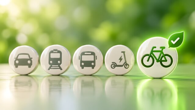 Green eco-leaf icon highlighting a bicycle among other transportation modes representing sustainable mobility