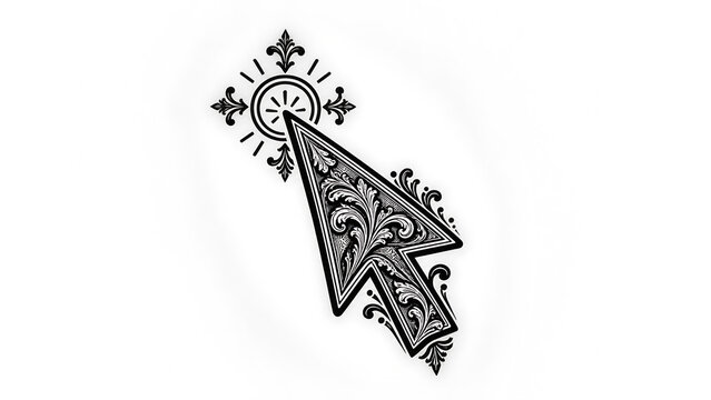 Computer mouse cursor arrow icon with elaborate victorian filigree patterns and glowing effect for web navigation interface.