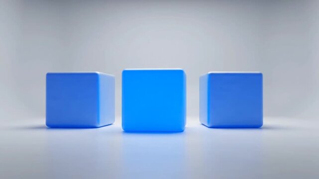 Three glowing blue cubes in a minimalist white studio setting, representing modern design and abstract concepts