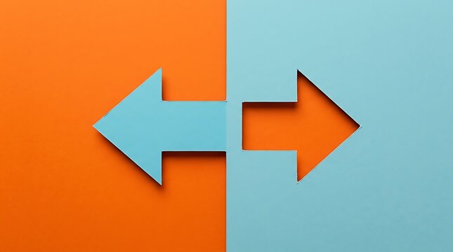 Conceptual image showing two arrows pointing in opposite directions, one light blue arrow on an orange background and one orange arrow cut out from a light blue background