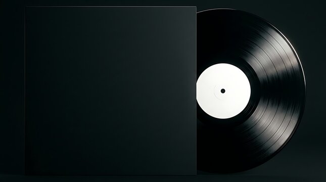 Blank black vinyl record album cover and disc mockup, minimalist design template for music album art, high quality studio shot of a classic 12inch lp record with a plain white center label