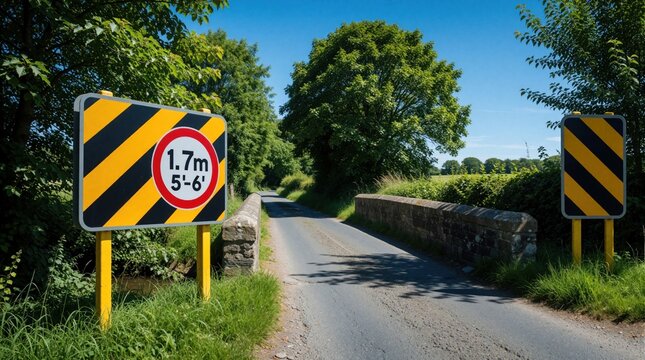 Low bridge warning sign on narrow country road. Yellow, black hazard sign shows 1. 7m height restriction for vehicles. Small stone bridge crosses rural lane under sunny blue sky. Caution sign alerts