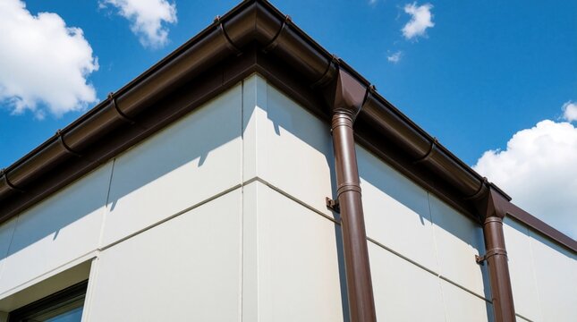 Close up of brown metal gutter, downpipe system on modern house facade. New rainwater drainage installation on white exterior wall under blue sky. Residential building roof protection details with