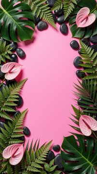 Tropical leaves, pink anthurium flowers form frame on pink background. Green monstera, fern foliage, black spa stones decorate border. Flat lay design with empty copy space for wedding invitation,
