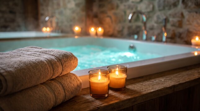 Luxury spa bathroom setup with a jacuzzi bathtub, lit candles, and folded towels on a wooden ledge against a rustic stone wall. Relaxing wellness concept.