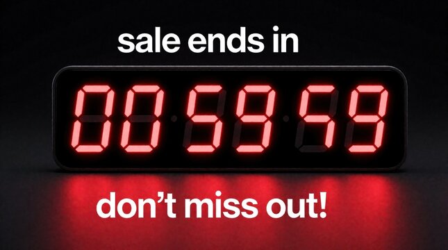Digital red countdown timer displays one hour remaining for limited time sale. Glowing numbers show sixty minutes left on dark background. Retail promo text urges customers to shop fast before deal