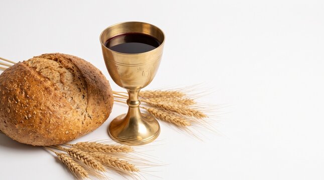 Communion elements of bread and wine in a golden chalice with wheat stalks on a white background