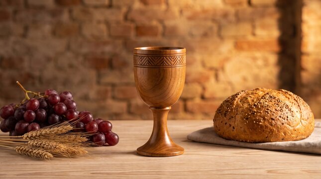Communion elements of bread grapes and chalice on a wooden table with brick background