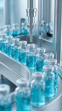 Pharmaceutical production line filling glass vials with blue liquid medicine on automated conveyor belt in sterile laboratory, biotechnology, drug manufacturing and healthcare industry