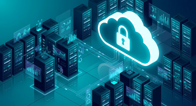 Futuristic server room background with cloud data security and neon light paths