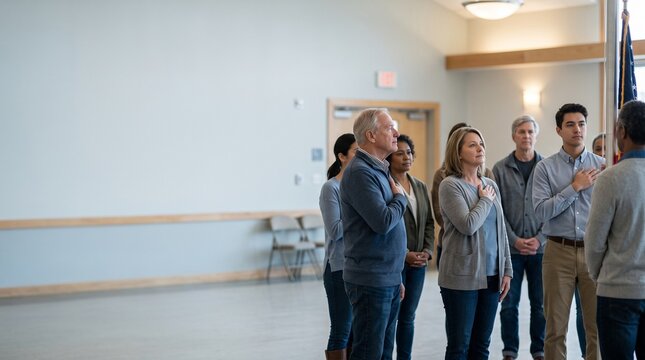Diverse group of people reciting the Pledge of Allegiance indoors