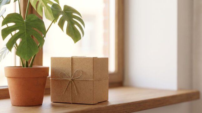 Kraft paper gift box and monstera plant sit on a windowsill